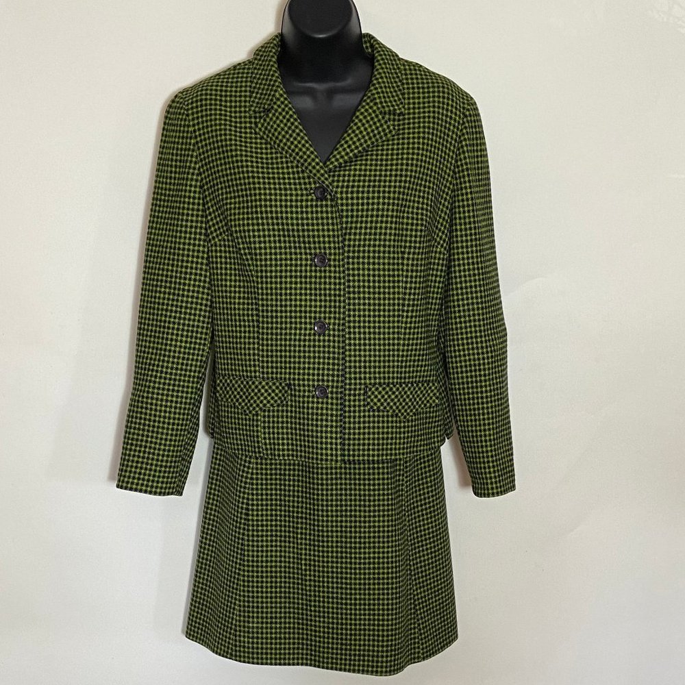 Rare 1950's Pendelton Wool Green & Navy Blue Houndstooth Jacket/Mini Skirt Suit